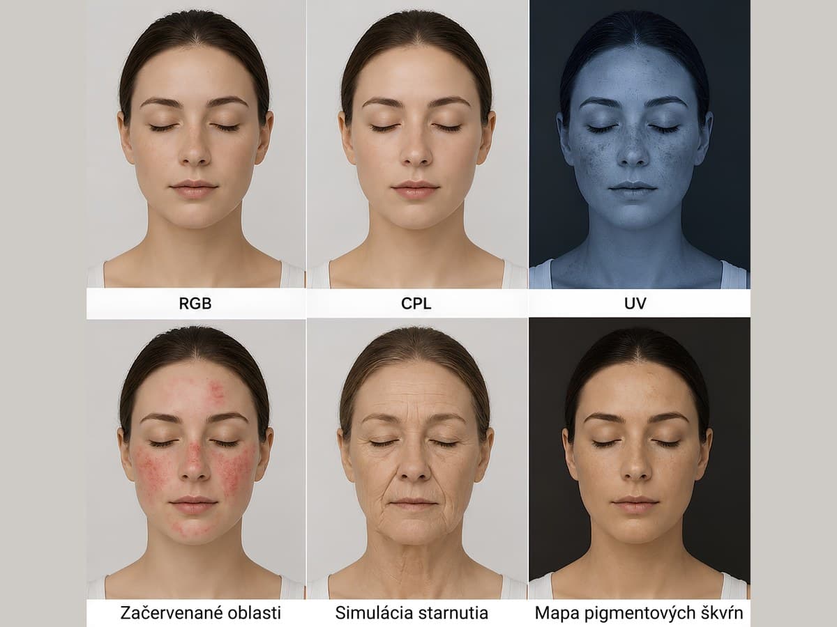 Analyzátor pleti Skinia Scanner – 6 spektrálnych režimov: RGB, CPL, UV, začervenanie, simulácia starnutia a mapa pigmentových škvŕn