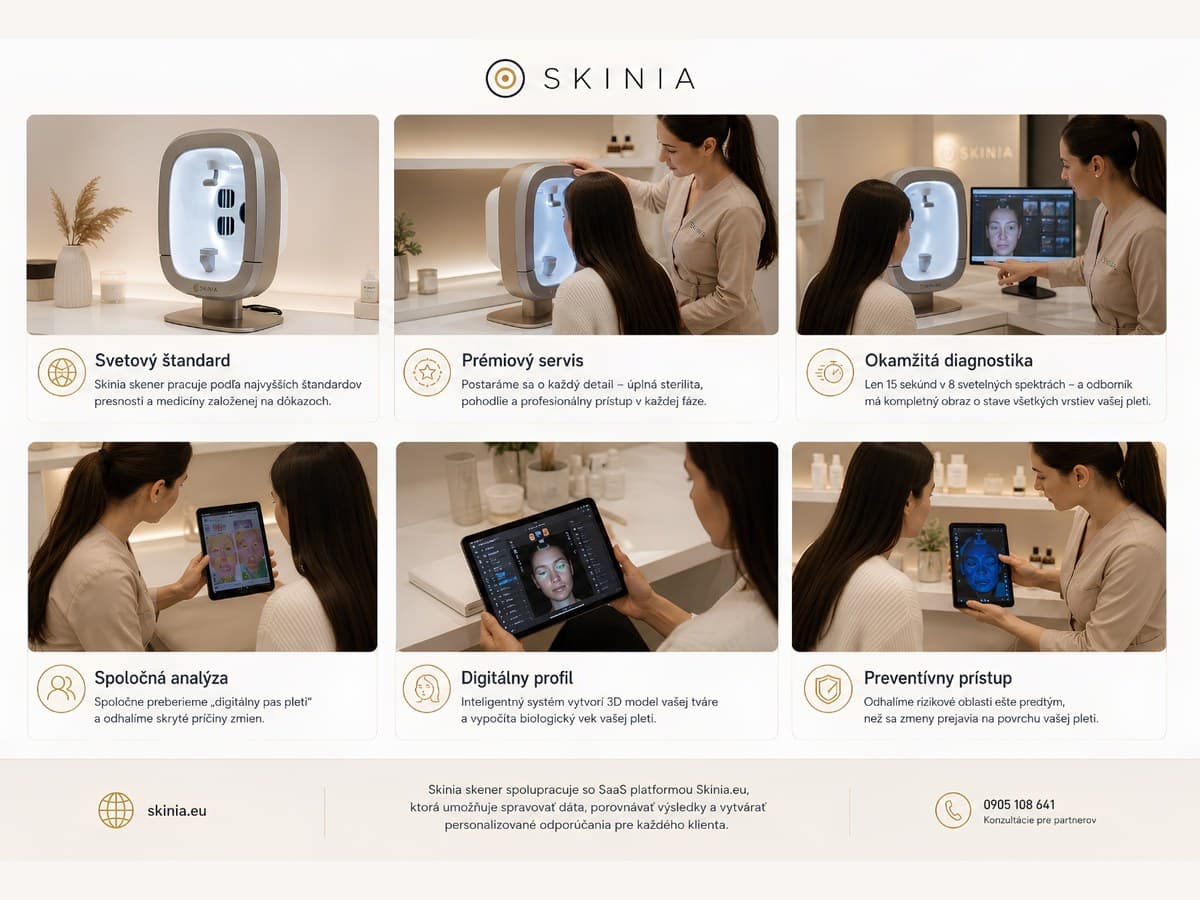 AI diagnostika pleti v praxi – kozmetička analyzuje pleť klientky prístrojom Skinia Scanner | skinia.eu