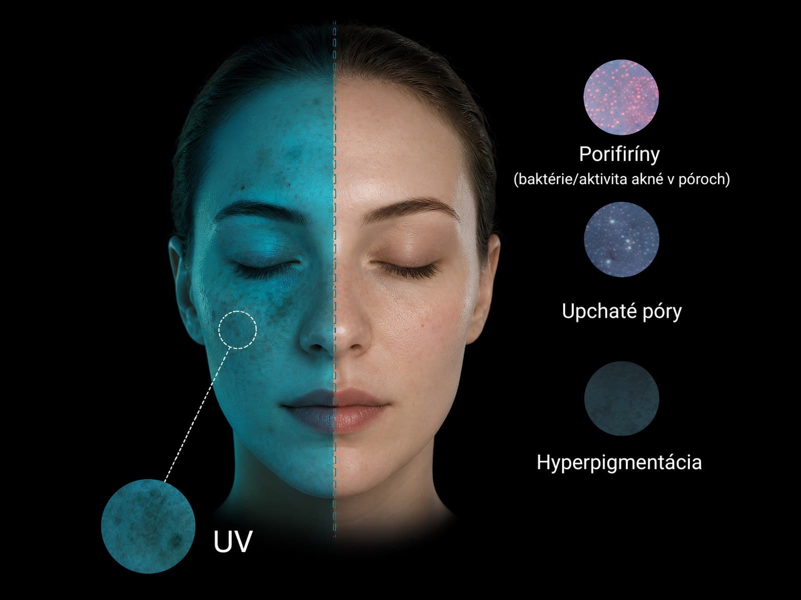 UV analýza pleti Skinia Scanner – detekcia porfyrínov, upchatých pórov a hyperpigmentácie pod povrchom pokožky | skinia.eu